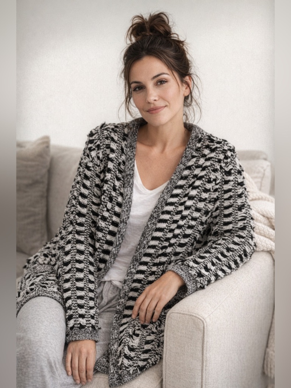 NWOT Anthropologie Endless Rose Black White Fringe Cardigan Medium Large